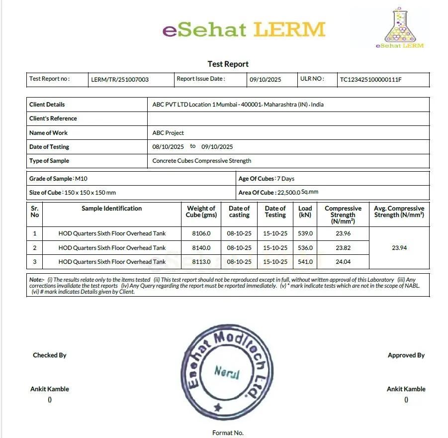 Concrete Cube Compressive Strength NABL Report format Concrete cube compressive strength NABL Report